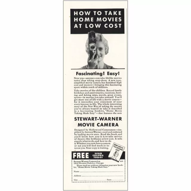1933 Stewart Warner Movie Camera: How To Take Home Movies Vintage Print Ad