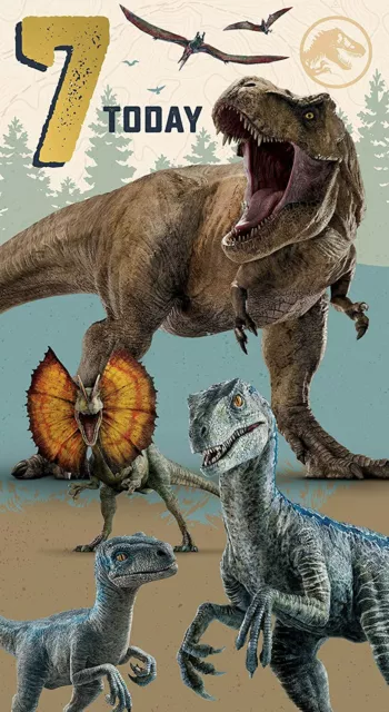 Tarjeta de cumpleaños de 7 dinosaurios de Jurassic World Edad Parque Jurásico tarjeta de cumpleaños