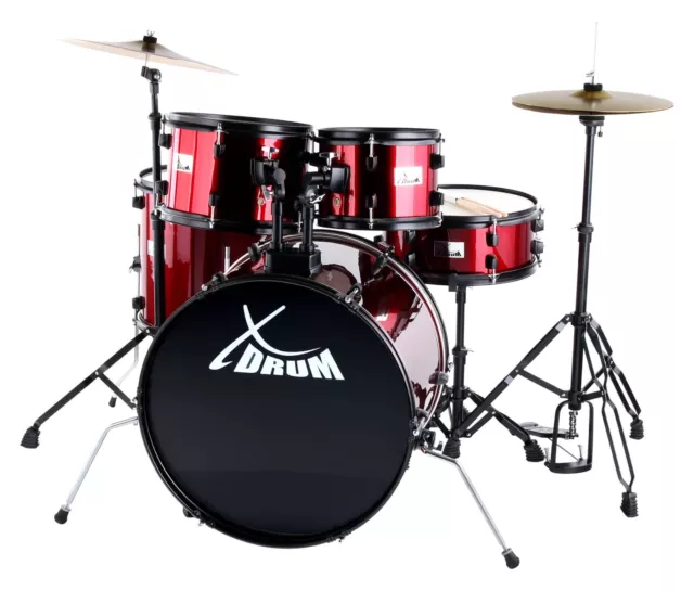 Kit Batterie Acoustique 22'' Fusion Ensemble Complet Tabouret Cymbales Rouge Set