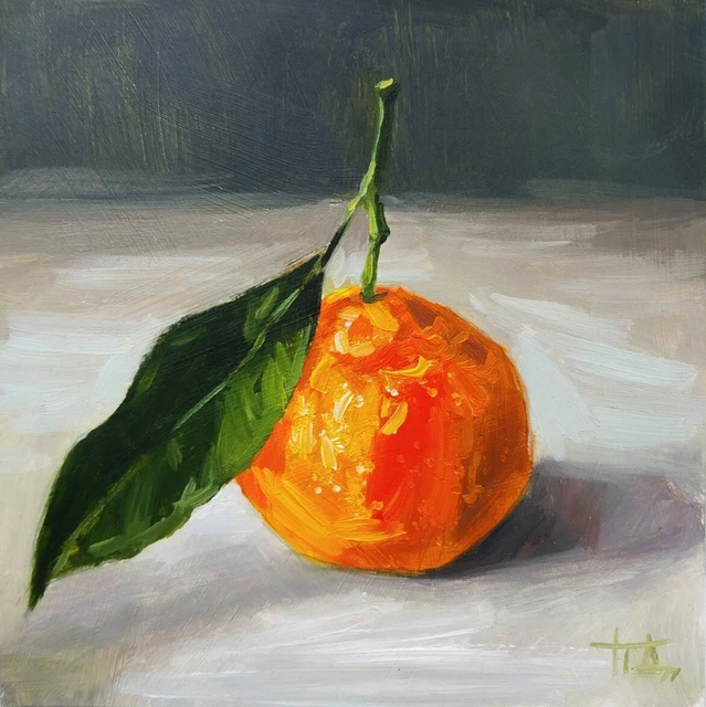 Original art, minimalistic still life with citrus, tangerine oil painting on 6x6