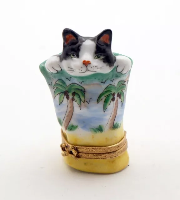 New French Limoges Trinket Box Cute Black Kitty Cat in Tropical Palm Tree Bag