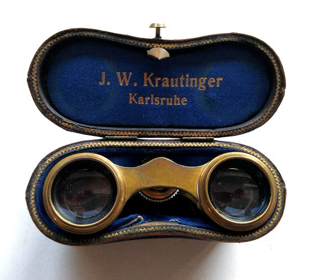 OPERNGLAS alt Messinggestell Perlmuttbesatz Etui J. W. Krautinger Karlsruhe