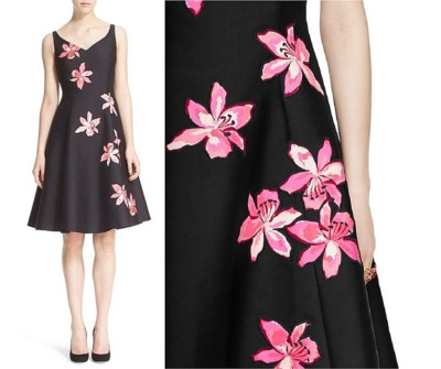 Kate Spade Black Tiger Lily Applique Fit & Flare Dress sz 0  $478 ~ NWT ~