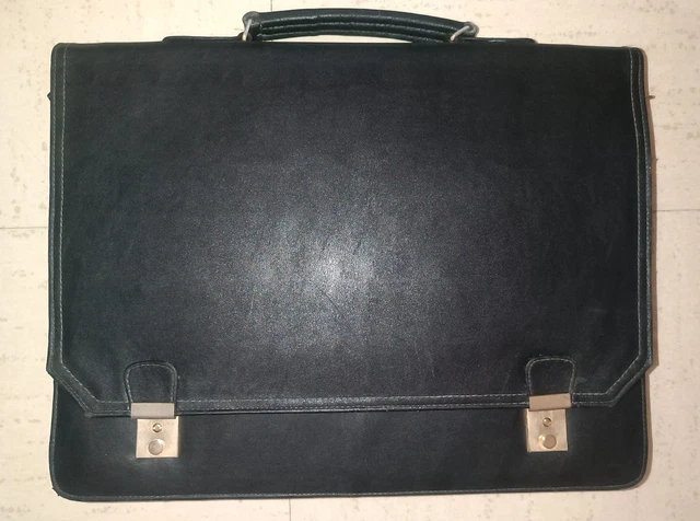 Cartable Vintage En Cuir Noir Ancien - Serviette École/Bureau, Taille Moyenne, Occasion Bon État