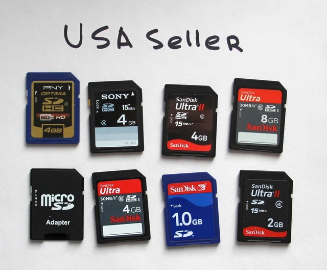 Lote de 7 tarjetas SanDisk 1 GB, 2 GB, 4 GB, 8 GB, SD más adaptador gratuito para tarjeta SD - PROBADO