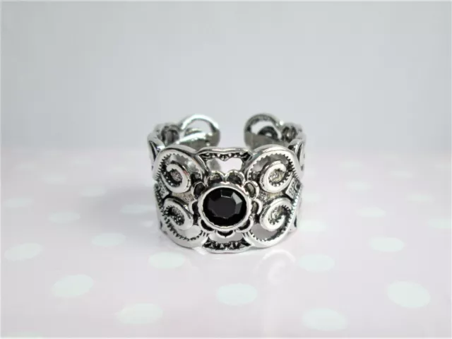 Gothic Black Stone Ring  Tibetan Silver Adjustable With Gift Bag Goth /Emo