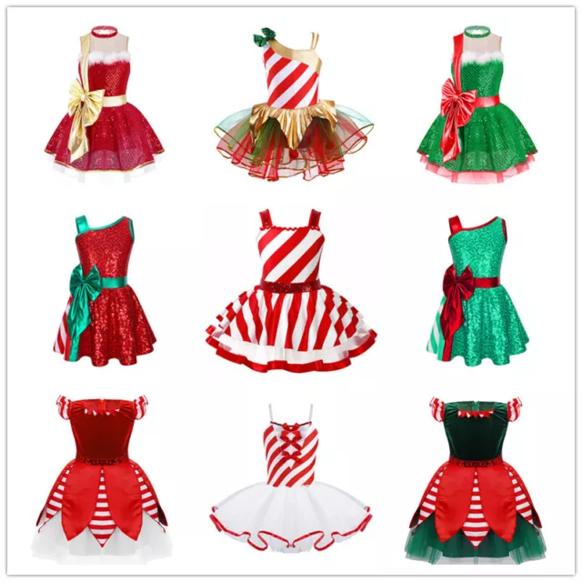 Girls Christmas Costume Kids Xmas Party Dance Dress Sequins Leotard Tutu Dresses