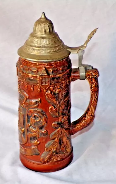 Decorative German Stein Lidded Man Cave Hamburg Crest Copper + Gold Gilt King