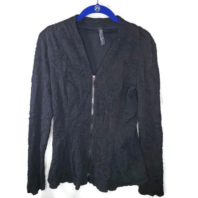 Elana Kattan Full Zip Long Sleeve Textured Stretchy Black Top Blouse Size Medium