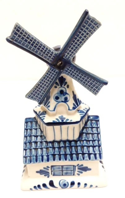 Molino de viento azul Delft Holanda floral porcelana banco de monedas pintado a mano 7" de alto