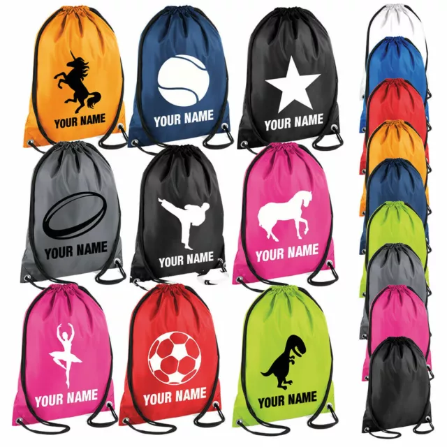 Personalised Name Drawstring Bag School PE Custom Dance Swim Football Dinosaur