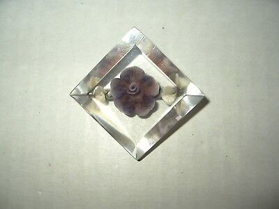 Vintage Reverse Carved Plastic Lucite Purple Pansy Diamond Shaped Brooch Pin