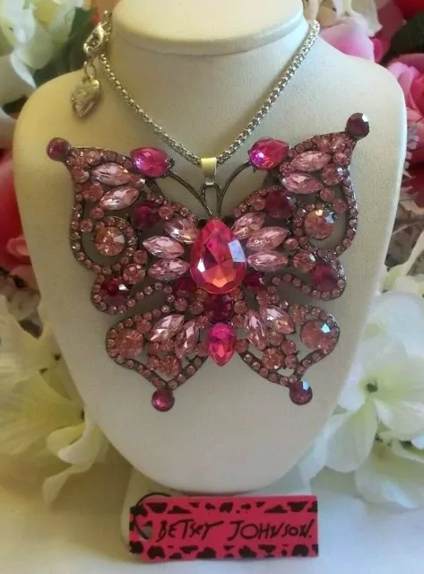 Betsey Johnson Large Mixed Pink Crystal & Rhinestone Butterfly Pendant Necklace 2