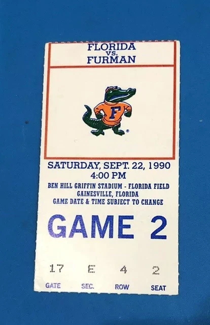 1990 FLORIDA GATORs VS FURMAN COLLEGE FOOTBALL TICKET STUB
