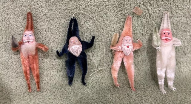 Vintage Chenille Pipe Cleaner Santa / tree Ornaments Occupied Japan  4 -  1940s