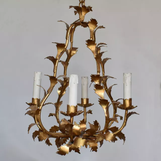 Antique Italian Florentine Gilt Tole Cage Chandelier Ceiling Light 4 Arms