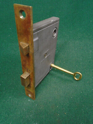 LARGE 1864 D & M & Co LARGE BRASS FACE MORTISE LOCK w/KEY, 7 1/8" FACE, NICE (1)