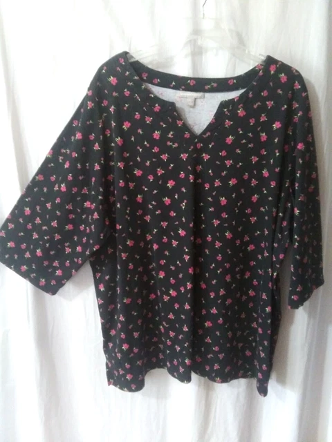 Woman Within 4X~Black Pink Floral Notch Neck 3/4 Sleeve Cotton/Poly Jersey Top~k
