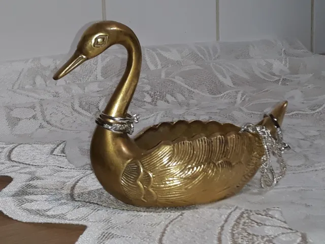 Elegant Vintage Solid Brass Decor Swan Figurine Trinket Holder 4,5" Heavy