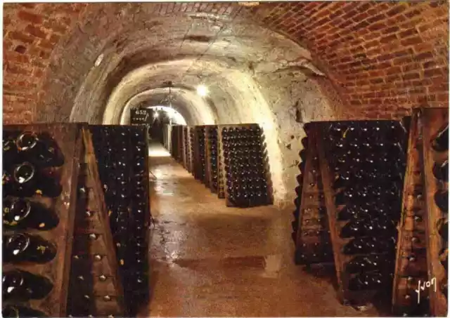 Champagne Perrier-Jouët Vue des caves Bouteilles en cours de remuage sur pupitre