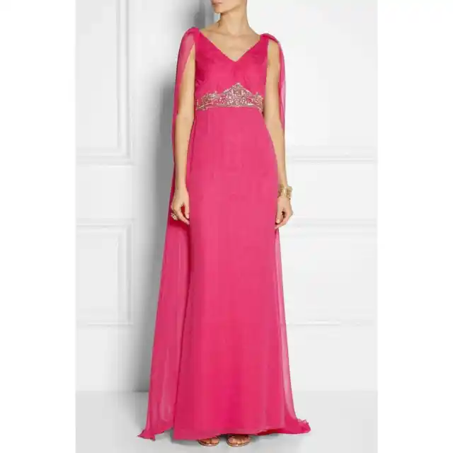 NWT Marchesa Notte Bright Pink Cape-back Embellished silk-chiffon Gown