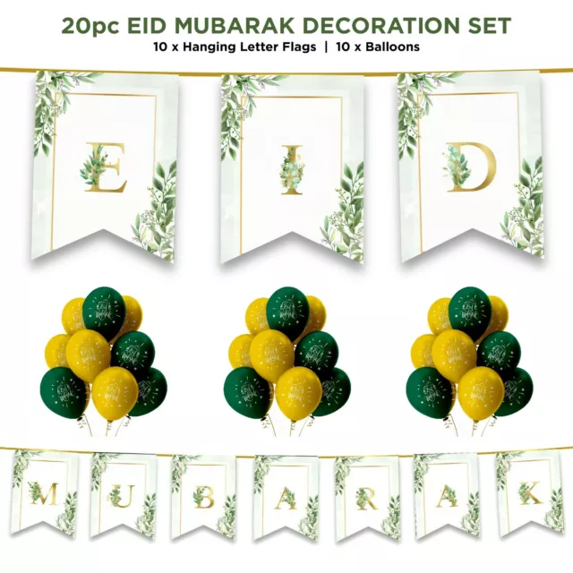 Eid Mubarak 20pc Decoration Party Set - Balloons & Bunting - Green Leaves Gold