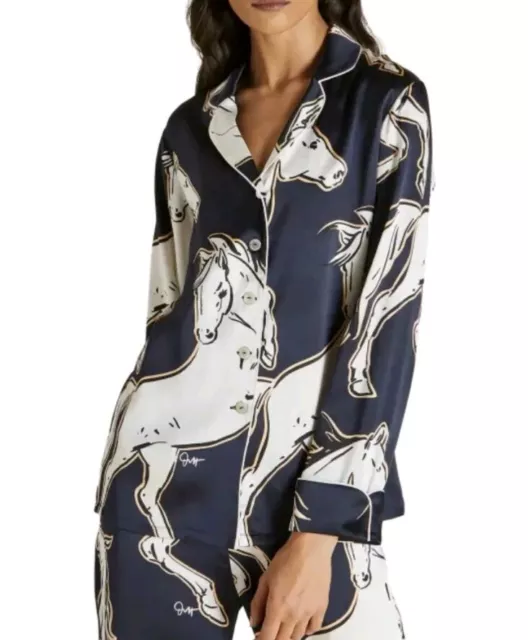 Olivia Von Halle Pajama Top Women Blue Horse 100% Silk Button Up Collar Pocket