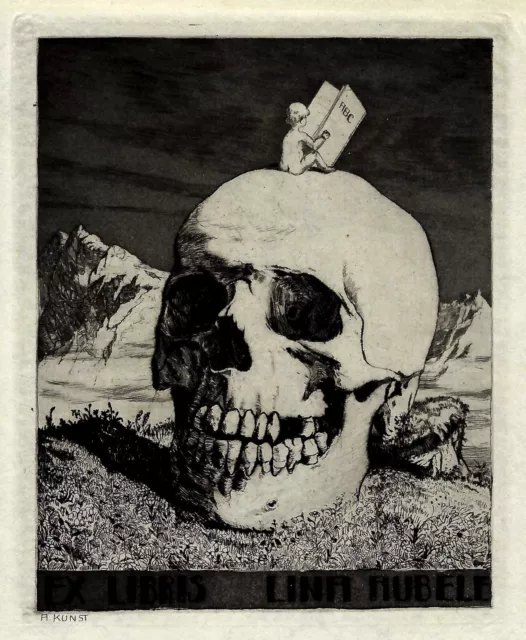 Adolf Kunst: Exlibris / Lesendes Kind auf großem Totenschädel, Hochgebirge Adolf Kunst: Exlibris / Lesendes Kind auf großem Totenschädel, Hochgebirge