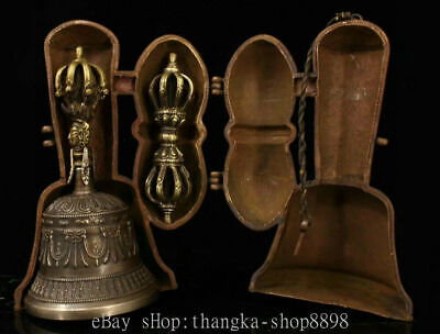 8" Rare Old Tibet Buddhism Copper Silver Dragon Dorje Vajra Bell & Holder Box