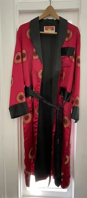Vintage Oriental Red Robe Satin Black Gold Trim Size 44 ( SEE FLAWS