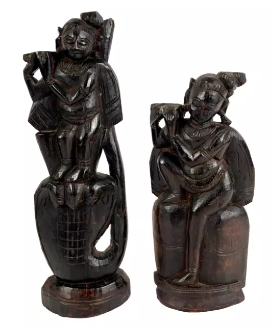 Pair of Vintage Hindu Hand Carved Wooden Indian Goddess Figure Statue
