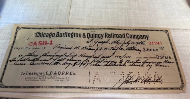 (2) 1948 Chicago Burlington Quincy Railroad Company Cancelled CheckS 4 CLAIMS 2