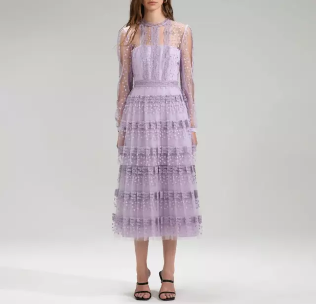 Self-Portrait Lilac Tiered Lace Midi Dress Long Sleeve Slim Fit Dress for Women