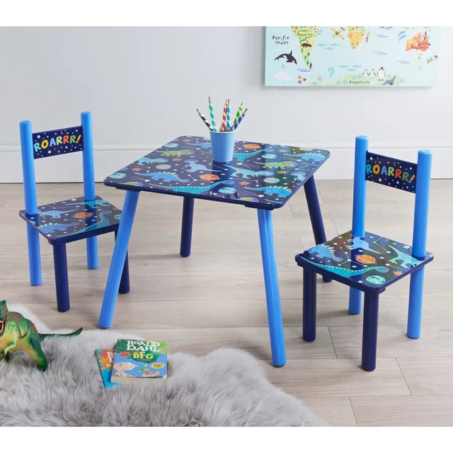 Children Kids Top Wooden Dinosaur Table and 2 Chairs Set Activity Furniture