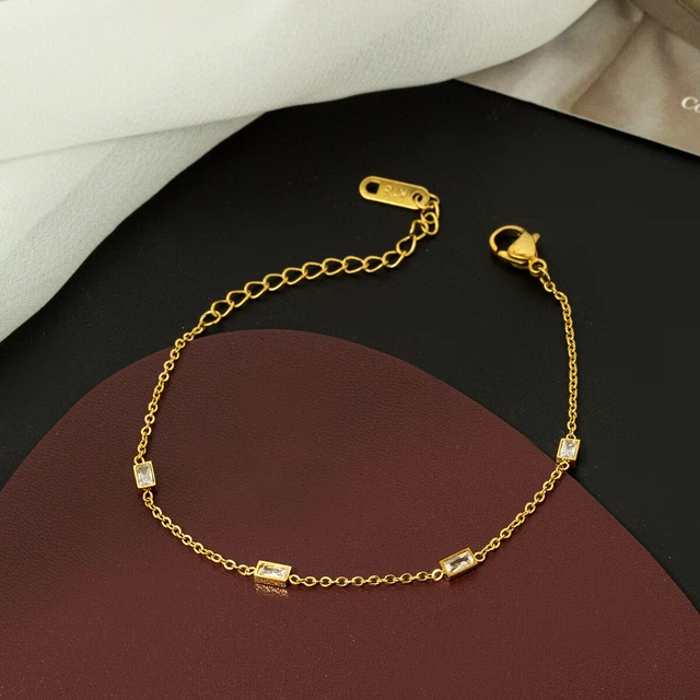 Woman 18K Gold Plated Stainless Steel CZ Square Charm Thin Bracelet Bangle
