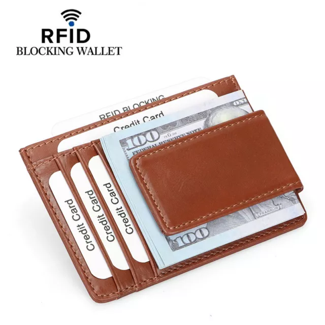 Genuine Leather Magnetic Front Pocket Money Clip Wallet RFID Blocking Magne-Thin