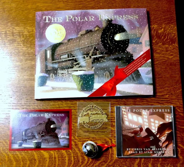 THE POLAR EXPRESS by Van Allsburg w CD read by Liam Neeson Magic Bell & Ornament