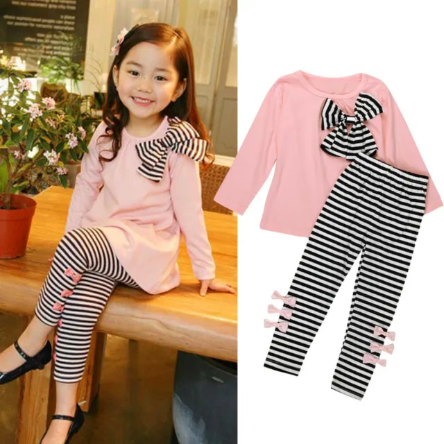 Toddler Kids Baby Girls 2Pcs Clothes T Shirt Tops Striped Long Pants Outfits Set