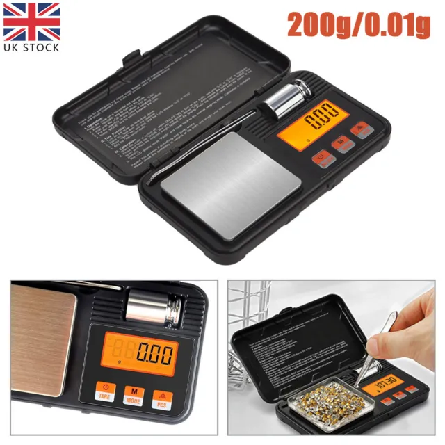 UK LCD Digital Pocket Scale, (200 x 0.01g) Precision Mini Food Scales with 50g