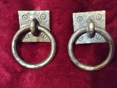 BRASS RING DRAWER PULL HANDLES GOTHIC STYLE BACK PLATE MARKED 3.5"L Vintage