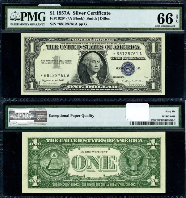 FR. 1620* $1 1957-A Silver Certificate *-A Block Gem PMG CU66 EPQ