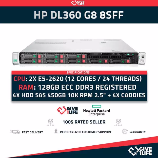 Servidor Rack HP DL360 G8 8SFF 2x E5-2620 +128GB RAM+ P420 + 4x450GB 646904-421