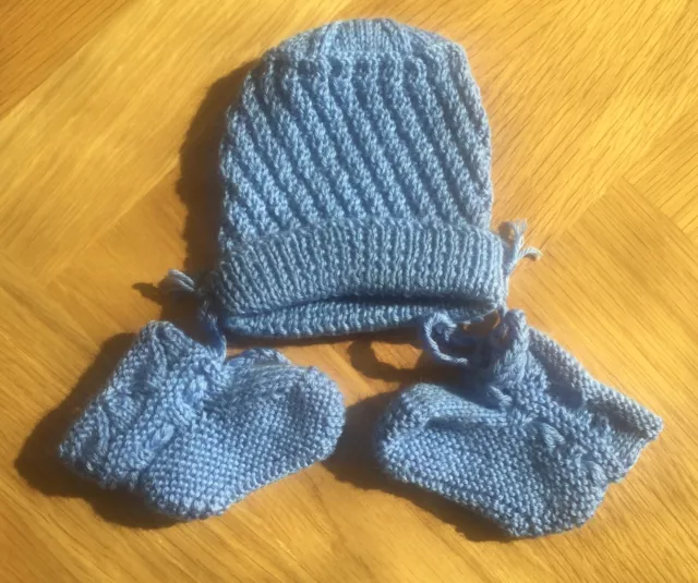 Hand Knitted Baby Hat and Bootees Blue