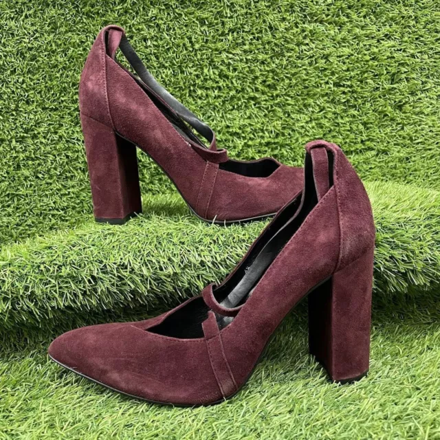 M&S Burgundy Suede High Heels Pointed Toe Cross Strappy Courts Block Size UK 6.5
