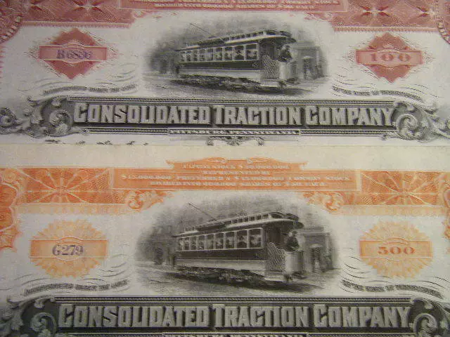 Consolidated Traction Co of Pittsburgh PA CRISP unissued signed 1890/1900s certs