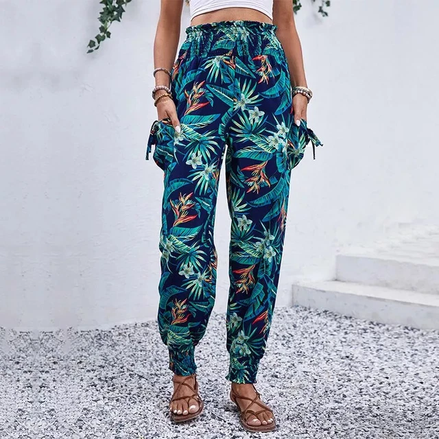Ticticlily Pantaloni Donna Estivi Larghi Boho Stampa Pantalone Gamba Dritta Larga Elastico In Vita Alta Con Coulisse Boho Spiaggia Leggeri Curvy Casual Pants A Blu Scuro XS - Foto 10