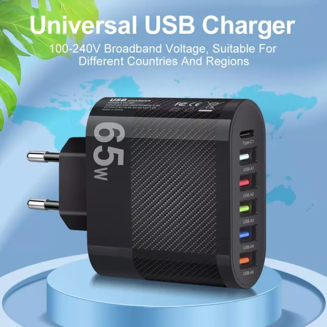 6 Multi-Port-USB-Hub + PD 65 W TypeC Schnellladegerät Netzteil US UK EU