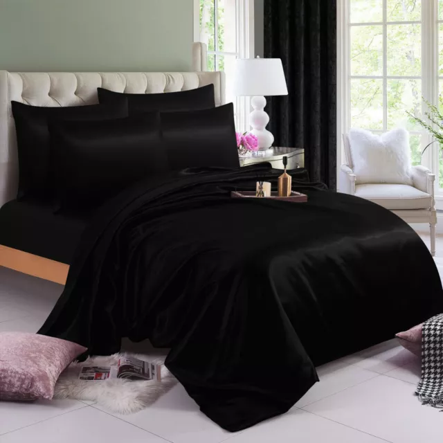 Black - 6 Pcs Satin Silk Bedding Set Duvet Cover Fitted Sheet & 4 Pillow Cases