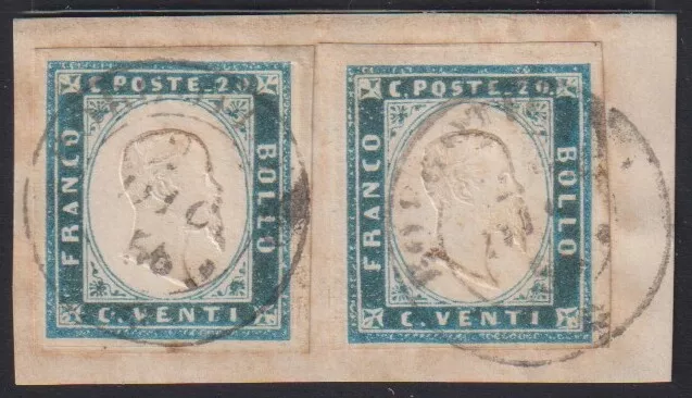 Regno di Sardegna - 1856 - 20 cent. cobalto, n° 15, due esemplari con ampi mar.