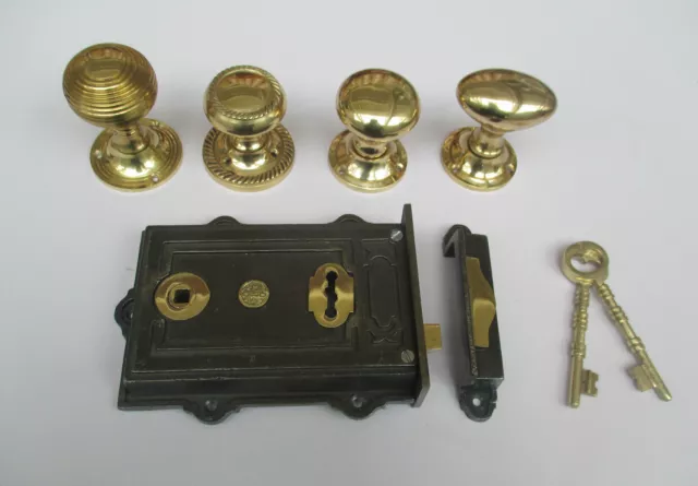 Cast Iron Ornate Vintage Old Rustic Style Bedroom Rim Door Lock + Knob Set